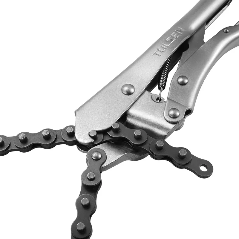 Close-up of Tolsen 18 inch chain clamp locking pliers with chain engaged
