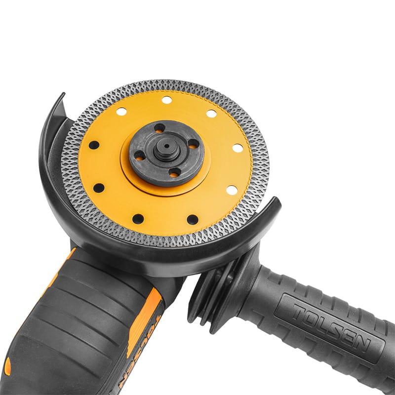 Close-up of Tolsen Ultrathin Diamond Disc mounted on Tolsen angle grinder