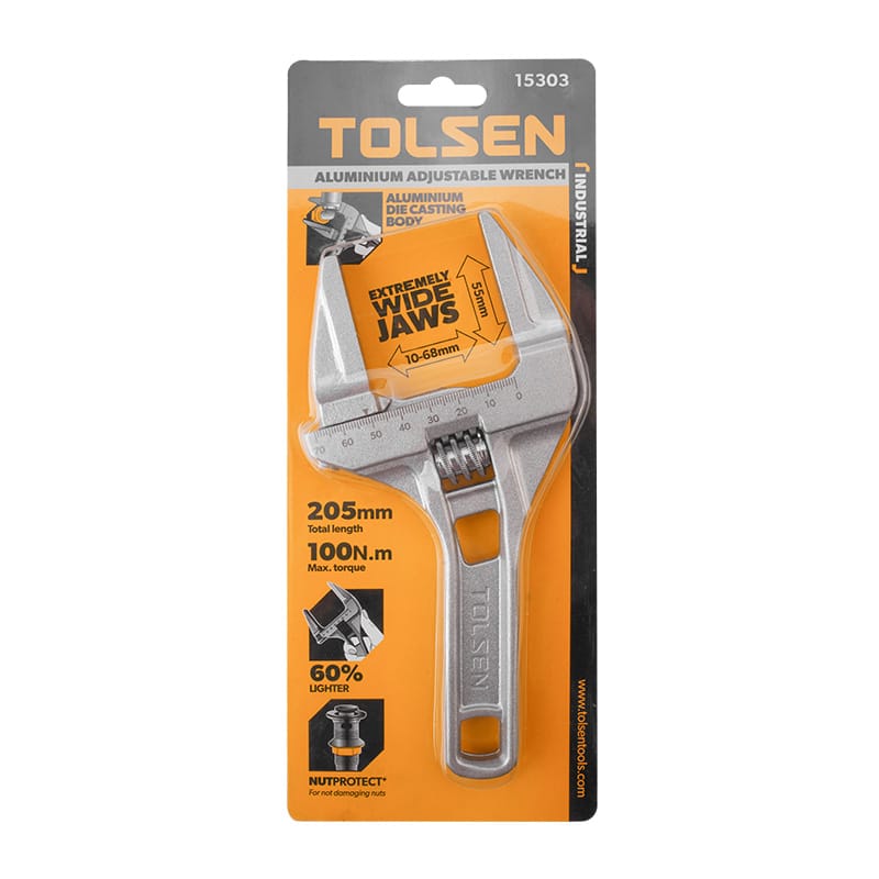 Tolsen aluminum adjustable wrench in retail packaging