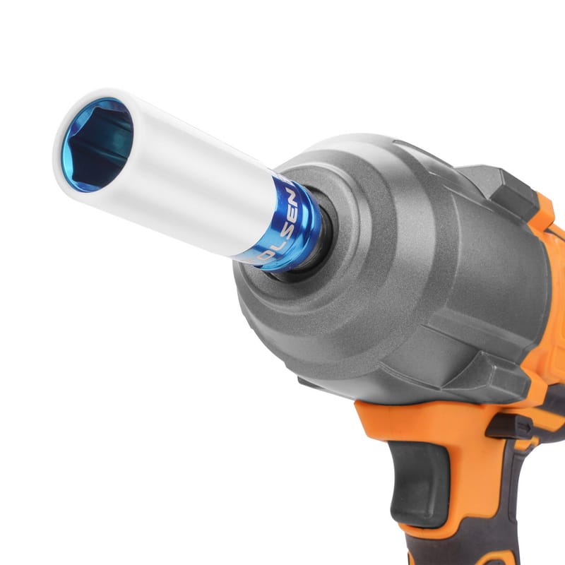 Close-up view of a Tolsen 1/2" drive impact socket with protective sleeve attached to a cordless impact wrench gun