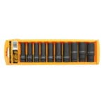Tolsen 10-piece 1/2" drive deep impact socket set organized in a portable yellow storage rack.