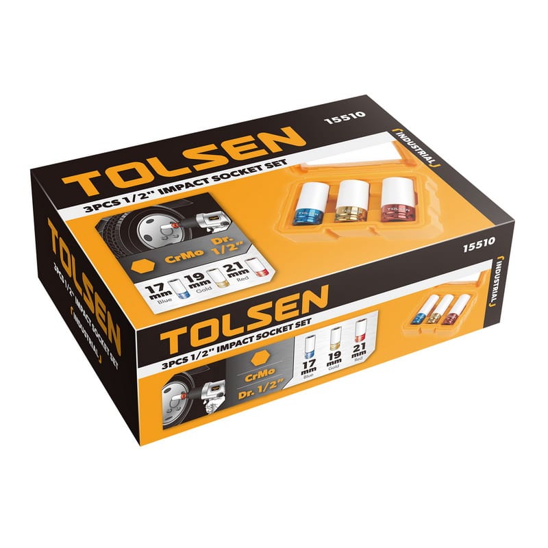 Retail packaging box of Tolsen 15510 3pcs 1/2" Drive Impact Socket Set, featuring 17mm, 19mm, and 21mm sizes for wheel maintenance.