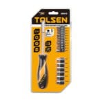 Tolsen 20045 17-piece socket and bit set in retail blister packaging, highlighting CrV material and magnetic tip features.