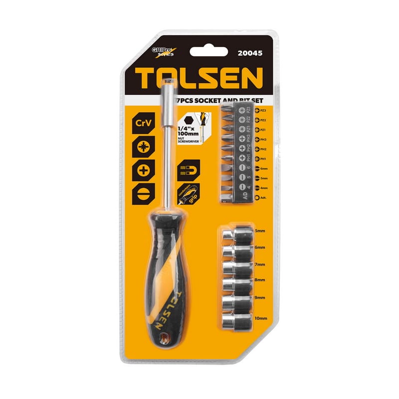 Tolsen 20045 17-piece socket and bit set in retail blister packaging, highlighting CrV material and magnetic tip features.