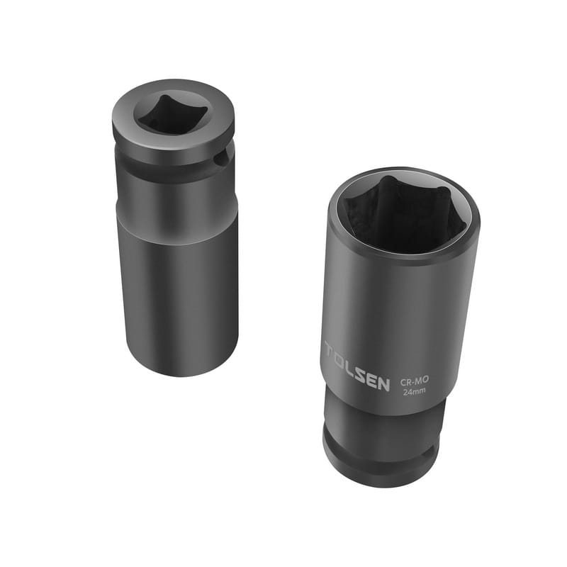 Close-up of Tolsen 24mm deep impact socket showing the 6-point hex opening, 1/2" drive end, and Cr-Mo stamping.