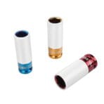 Three Tolsen Cr-Mo impact sockets with white non-marring sleeves and color-coded bases: Blue (17mm), Gold (19mm), and Red (21mm)
