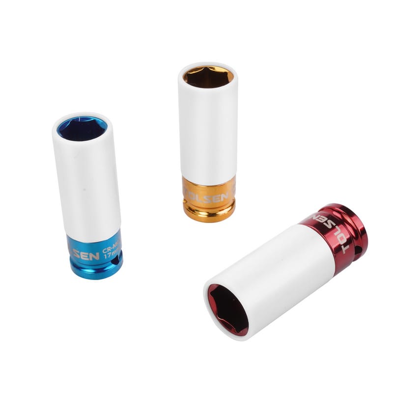 Three Tolsen Cr-Mo impact sockets with white non-marring sleeves and color-coded bases: Blue (17mm), Gold (19mm), and Red (21mm)