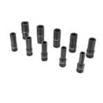 Complete assortment of Tolsen deep impact sockets ranging from 10mm to 24mm, featuring a long profile for reaching recessed nuts.