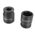 Close-up detail of Tolsen 22mm impact socket showing the 6-point hex opening, 1/2" square drive, and Cr-Mo material stamping.