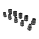 Assortment of Tolsen Chrome Molybdenum (Cr-Mo) impact sockets ranging from 10mm to 24mm with black phosphate finish.