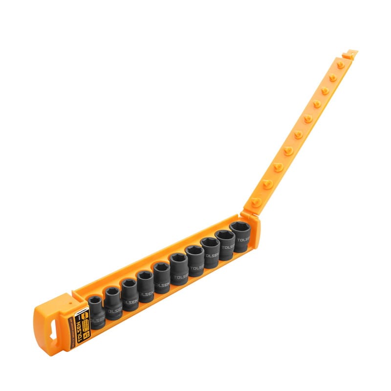 Opened yellow plastic rail holder displaying the full set of Tolsen 1/2 inch impact sockets.