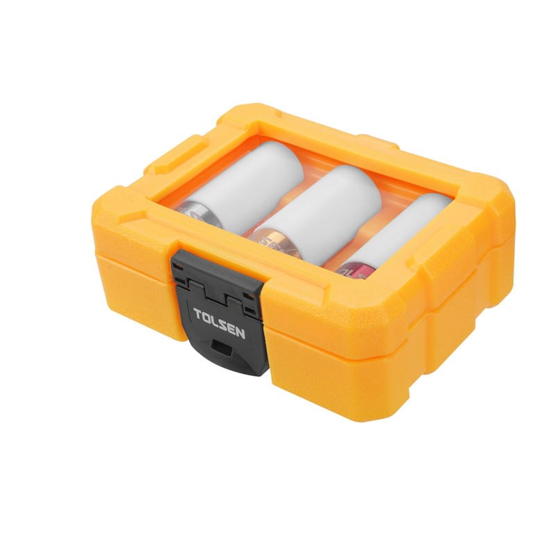 Durable yellow portable storage case containing the Tolsen 3-piece wheel protector impact socket set.