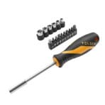 Full contents of Tolsen 17-piece set including ergonomic screwdriver handle, magnetic shaft, metric sockets, and assorted screwdriver bits.