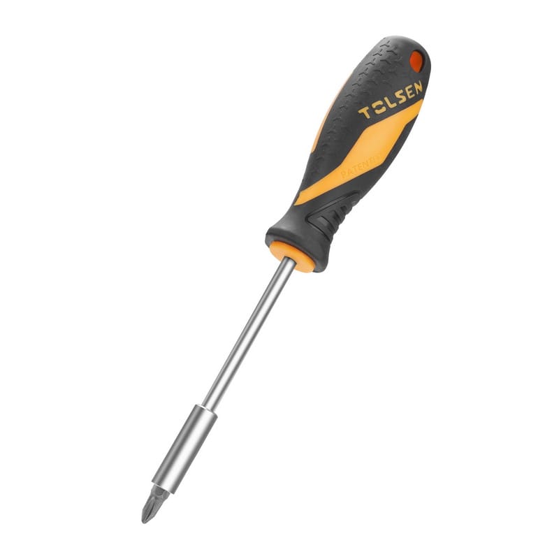 Tolsen nut screwdriver featuring a patented ergonomic black and yellow handle with a 1/4 inch magnetic shaft.