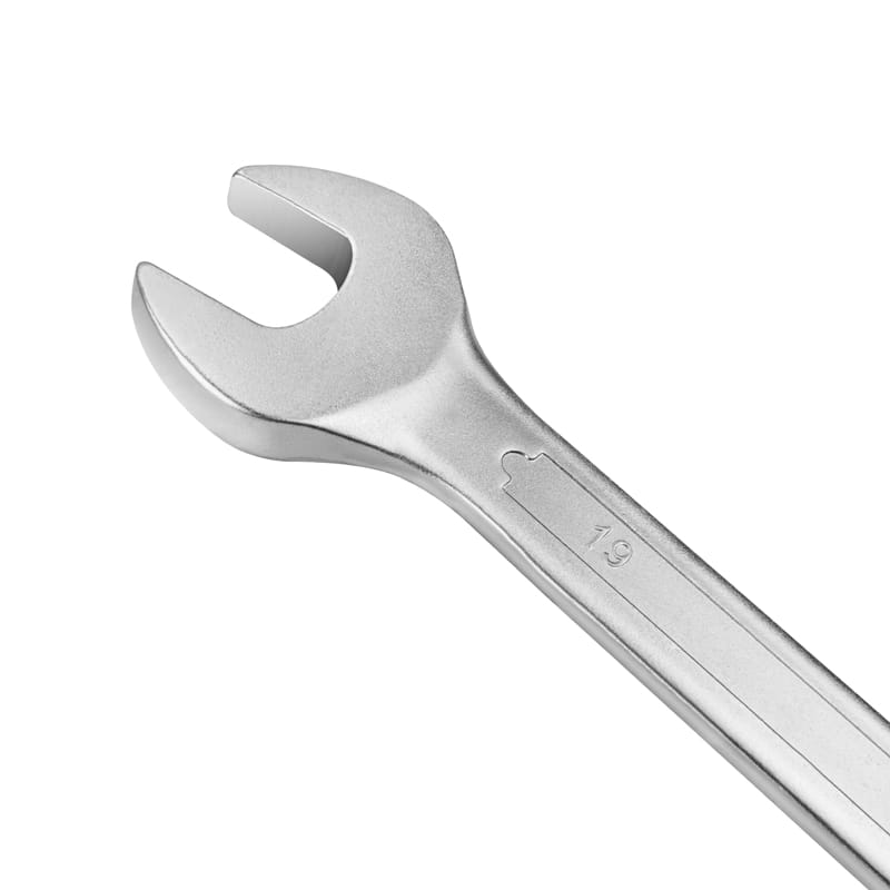 Close-up of the 19mm open end of a Tolsen combination spanner from the 5pcs set