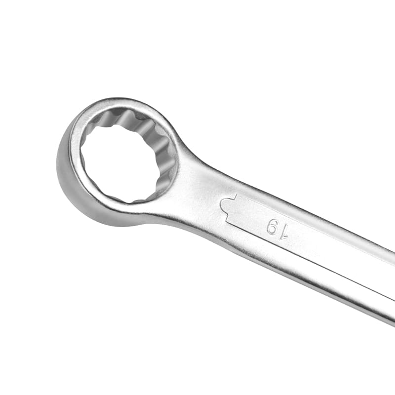 Close-up of the 19mm ring end of a Tolsen combination spanner from the 5pcs set