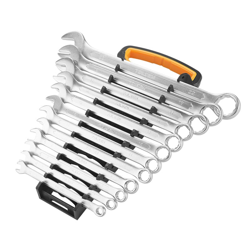 TOLSEN 12pcs metric combination spanner set ranging from 6mm to 22mm in a portable storage rack