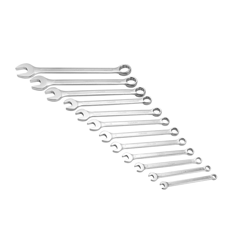 Complete set of TOLSEN 12pcs metric combination wrenches laid out in size order from 6mm to 22mm