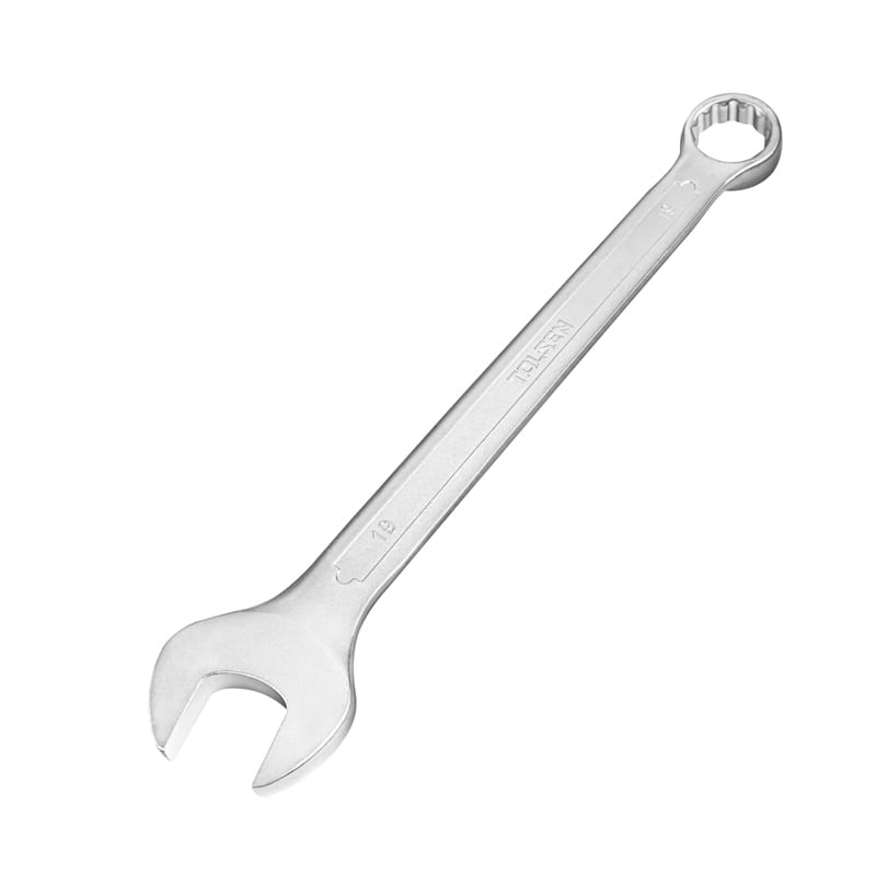 Full view of a single TOLSEN 19mm metric combination spanner with open and ring ends