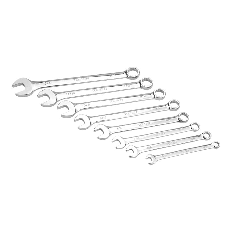 Tolsen 8-piece combination spanner set, fanned out to show each wrench and its size