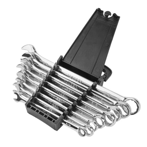 Tolsen 8-piece combination spanner set in a black plastic holder