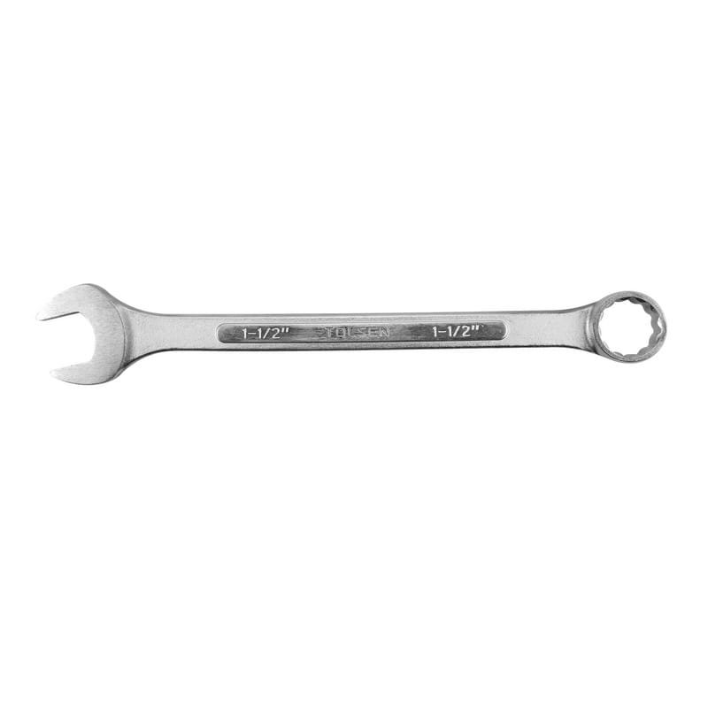 Front view of a single TOLSEN 1-1/2 inch SAE combination spanner with mirror finish.