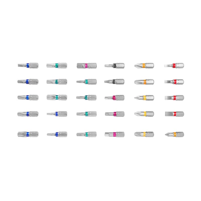 Side view close-up of TOLSEN 1/4 inch hex shank screwdriver bits featuring color-coded rings for easy size and type identification.