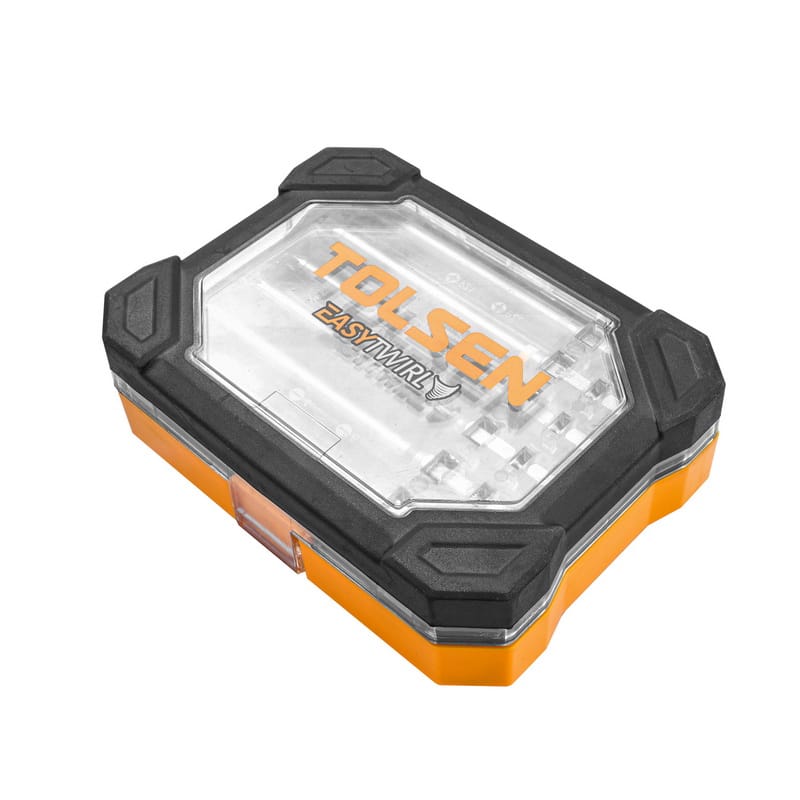 TOLSEN 11pcs bits set 20375 in closed EasyTwirl protective storage case with orange and black rubberized edges.
