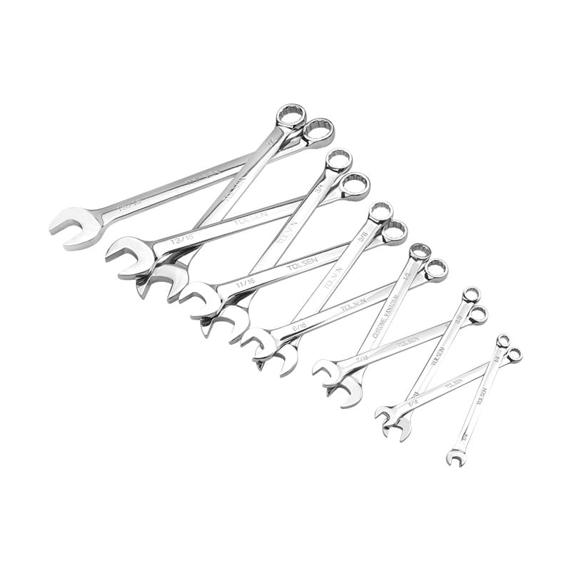 Group view of TOLSEN 12pcs combination spanners showing various imperial sizes and chrome finish