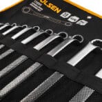Open canvas tool roll displaying TOLSEN 12pcs metric deep offset ring spanners in mesh pockets