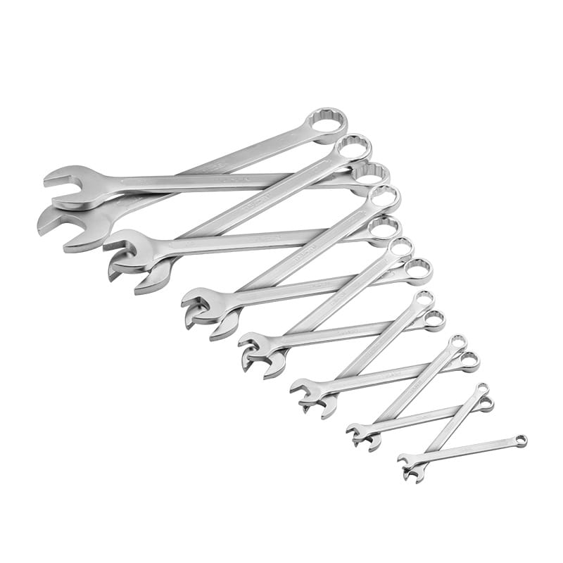 Scattered group view of 14 TOLSEN chrome vanadium combination spanners with satin chrome finish