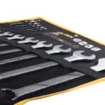 Open canvas tool roll displaying TOLSEN 14pcs metric combination spanners organized in mesh pockets