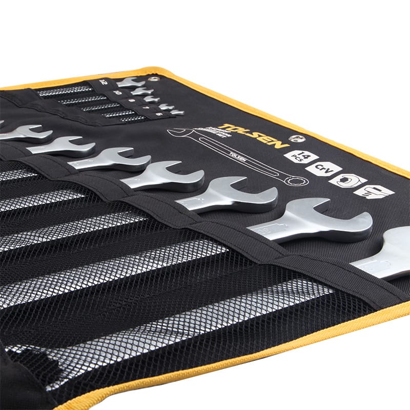 Open canvas tool roll displaying TOLSEN 14pcs metric combination spanners organized in mesh pockets