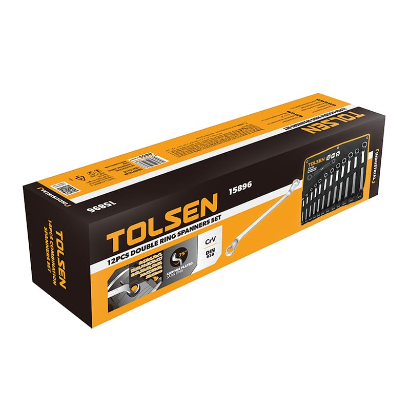 Retail packaging for TOLSEN 15896 12pcs double ring spanner set showing DIN 838 and 75-degree offset specs