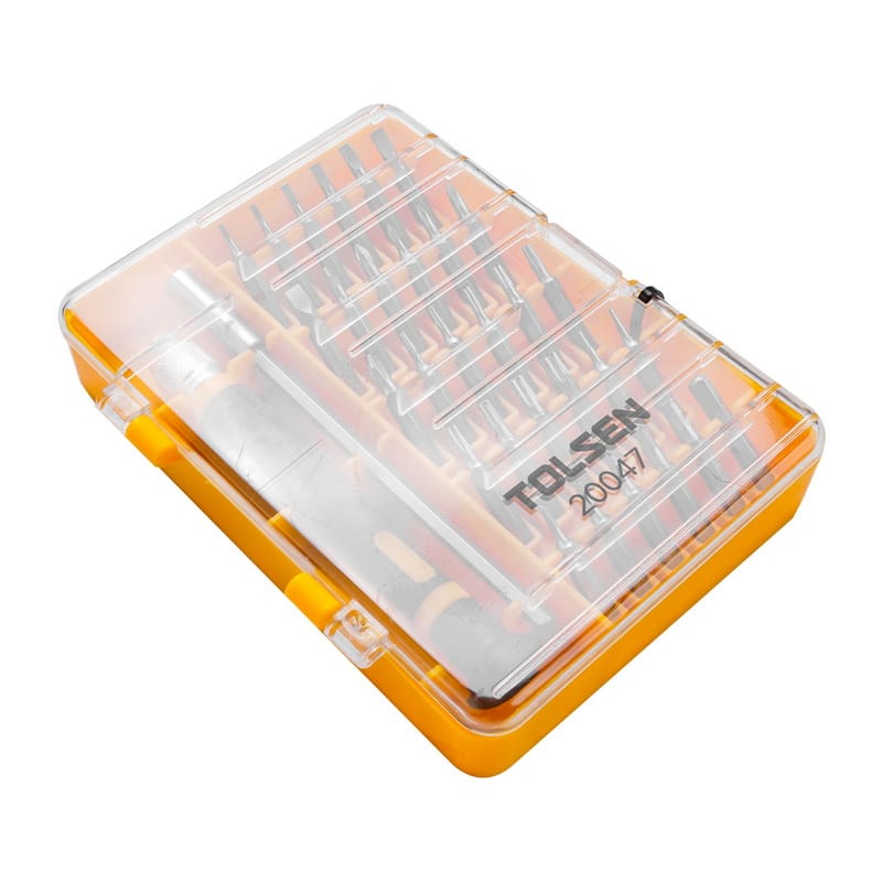 Tolsen 20047 32pcs precision tool set organized inside a transparent plastic storage case.