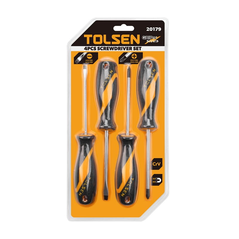 Tolsen 20179 4-piece screwdriver set in blister packaging, featuring GRIPro series handles and CrV magnetic tips.