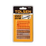 Retail blister packaging of Tolsen 20369 33pcs screwdriver bits set highlighting CrV material and 1/4 inch hex shank specifications.