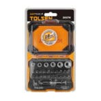 Retail blister packaging of TOLSEN 28pcs bit and socket set model 20376 featuring EasyTwirl branding and content details.