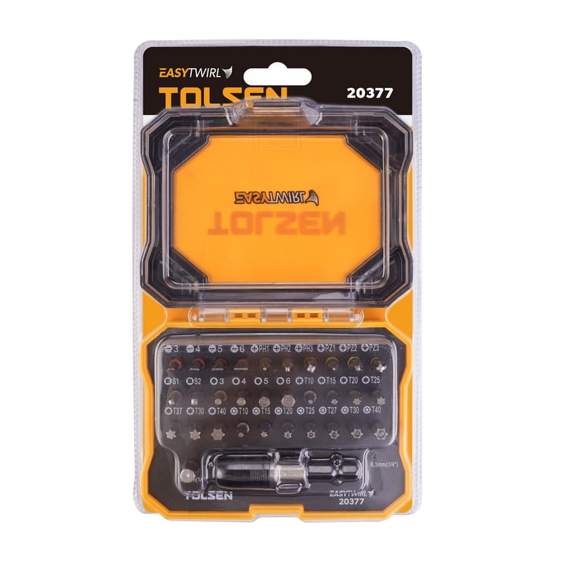 Retail blister packaging of TOLSEN 32pcs screwdriver bit set model 20377 featuring EasyTwirl branding and content visibility.