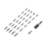 Full assortment of TOLSEN 32pcs set laid out, including color-coded Torx, Phillips, Pozi, Slotted, and Hex bits with a magnetic bit holder.