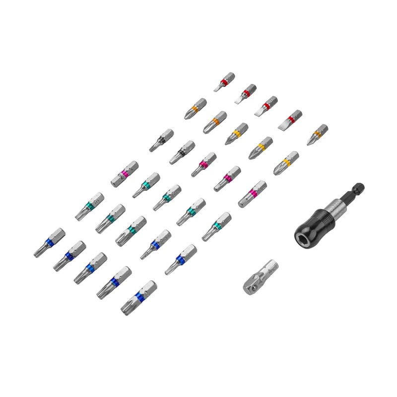 Full assortment of TOLSEN 32pcs set laid out, including color-coded Torx, Phillips, Pozi, Slotted, and Hex bits with a magnetic bit holder.