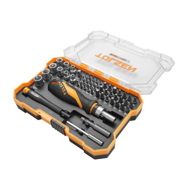 Open view of Tolsen 56pcs bit and socket set featuring EasyTwirl ratchet handle and precision screwdriver in organizer case