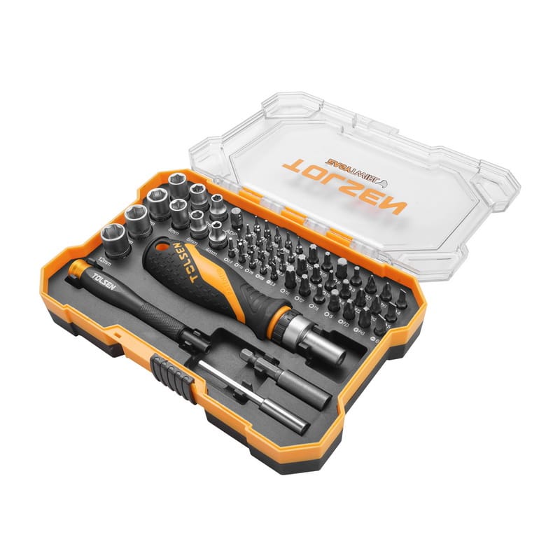 Open view of Tolsen 56pcs bit and socket set featuring EasyTwirl ratchet handle and precision screwdriver in organizer case
