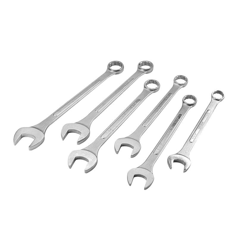 Complete set of 6 TOLSEN industrial SAE combination spanners laid out flat showing different sizes.