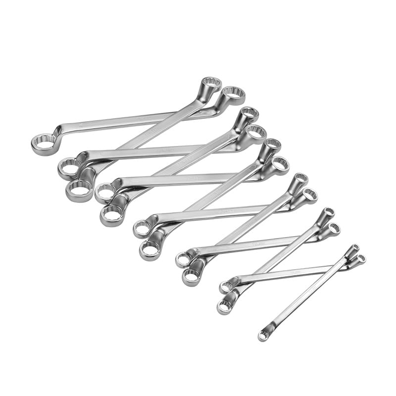 Group display of 12 TOLSEN double ring wrenches highlighting the 75-degree deep cranked shaft design