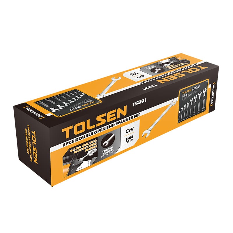 Retail packaging for TOLSEN 8pcs double open end spanner set showing DIN 3110 standard and metric sizes