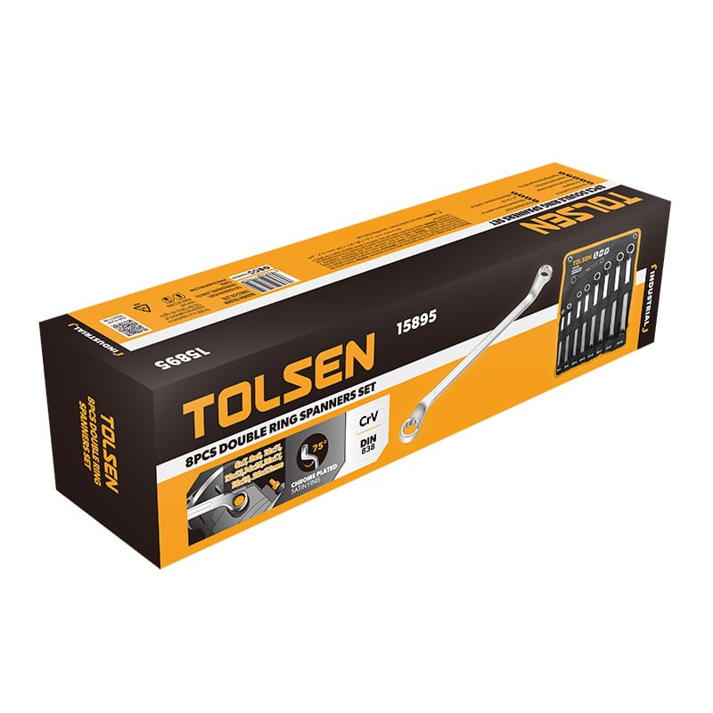 Retail packaging for TOLSEN 8pcs double ring spanner set highlighting DIN 838 standard and 75-degree offset design