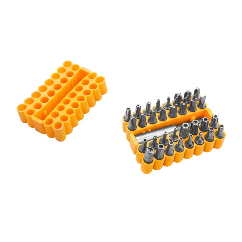 Comparison view of the Tolsen bit organizer block shown both empty and fully loaded with the assorted screwdriver bits.