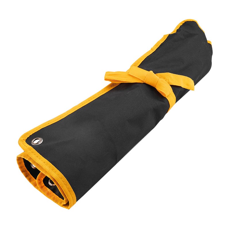 Rolled-up black canvas storage pouch for TOLSEN ring spanner set with yellow tie straps