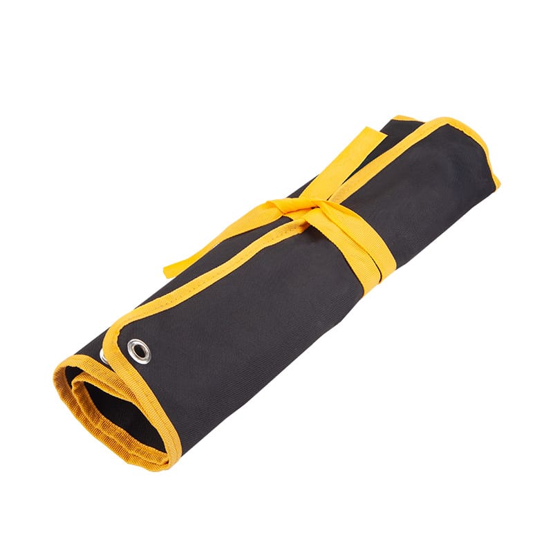 Rolled-up black and yellow canvas storage pouch for TOLSEN spanner set with tie strap